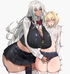  1boy 1girl androgynous arms_behind_back ball_busting bdsm black_skirt blonde_hair blue_eyes blush bow breasts cbt cleavage covered_nipples cum curvy dark_elf ejaculation elf femdom futa_with_male futanari green_eyes grey_hair handsfree_ejaculation highres huge_breasts large_areolae large_penis long_hair midriff original penis penis_sheath penis_size_difference plump pointy_ears sadism seito_edaha skirt small_penis testicle_grab twitching 