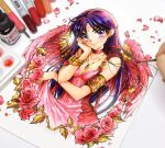  1girl angel armlet bishoujo_senshi_sailor_moon black_hair breasts choker cleavage dress facial_mark flower forehead_mark gem gold highres hino_rei mars_symbol nashi_juni painting_(medium) purple_eyes red_dress red_gemstone rose short_hair smile solo traditional_media watercolor_(medium) wings 