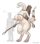 accessory anthro areola big_breasts breasts digitigrade duo eyelashes female furgonomics green_eyes hi_res holding_object holding_spear holding_weapon huge_breasts human joliv larger_female lizard male mammal melee_weapon navel nipples nude pink_areola pink_nipples polearm reptile scales scalie simple_background size_difference spear tail tail_accessory thick_thighs weapon white_background white_body white_scales wide_hips