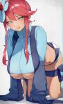  1girl all_fours blue_eyes blue_gloves breasts crop_top feet_out_of_frame gloves hair_ornament heavy_breathing highres kashu_(hizake) large_breasts long_hair midriff one_side_up open_mouth pokemon pokemon_bw red_hair short_shorts shorts sidelocks skyla_(pokemon) solo sweat tan underboob 
