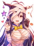  1girl :d antenna_hair bandage_over_one_eye bandaged_arm bandages bangs black_gloves blush bow breasts cleavage commentary_request danua draph eyebrows_visible_through_hair fingerless_gloves gloves granblue_fantasy hair_between_eyes hands_up highres horn_ornament horns jack-o&#039;-lantern large_breasts long_hair looking_at_viewer naked_bandage open_mouth purple_hair red_eyes round_teeth single_glove smile solo star teeth tomo_(user_hes4085) upper_teeth very_long_hair yellow_bow 