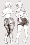  1girl ass ass_focus bike_shorts bra bra_peek breasts character_name closed_mouth clothes_lift denim from_behind full_body glasses grey_background greyscale hair_ornament hands_on_own_ass highres jeans koeru_otoge-san lineart looking_at_viewer looking_back monochrome multiple_views neyuki_rei otouge_azuki pants pantylines shirt short_hair sideboob simple_background socks sweater sweater_lift thighs underwear 