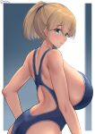  1girl bare_arms bare_shoulders blonde_hair blue_eyes blue_one-piece_swimsuit blush border breasts brown_hair closed_mouth collarbone competition_swimsuit cowboy_shot dated hair_between_eyes hand_on_own_hip hands_on_own_hips highleg highleg_swimsuit highres huge_breasts indoors intrepid_(kancolle) kantai_collection one-piece_swimsuit ponytail shiromaru_(maniado) short_hair smile solo standing swimsuit twitter_username water white_border window 