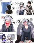  !? 1boy 2girls adam_(honkai_impact) ahoge artist_name black_hair black_pantyhose black_skirt blush breasts bronya_zaychik bronya_zaychik_(silverwing:_n-ex) coat commentary condom condom_in_mouth drill_hair english_commentary english_text femdom grey_coat grey_eyes grey_hair hetero highres holding holding_condom honkai_(series) honkai_impact_3rd kulo_jawa large_breasts long_hair long_sleeves mouth_hold multiple_girls open_mouth pantyhose purple_hair raiden_mei skirt spoken_blush spoken_symbol twin_drills v-neck very_long_hair 