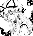  1girl closed_mouth disembodied_eye from_side gap_(touhou) greyscale hair_between_eyes hat hat_ribbon iro_marimo long_hair looking_at_viewer looking_to_the_side mob_cap monochrome ribbon slit_pupils solo touhou upper_body yakumo_yukari 