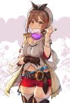  1girl absurdres atelier_(series) atelier_ryza belt beret black_panties blush breasts brown_eyes brown_gloves brown_hair brown_legwear cleavage collarbone cowboy_shot drawstring flask gloves grin hair_ornament hairclip hand_up hat highres hip_vent holding holding_flask jewelry looking_at_viewer medium_breasts midriff_peek navel necklace ohihil panties potion red_shorts reisalin_stout shirt short_hair short_shorts shorts sidelocks single_glove smile solo spaghetti_strap standing star teeth test_tube thighhighs thighs underwear vest white_headwear white_shirt yellow_vest 