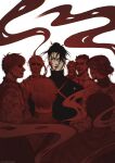  black_hair black_jacket blood blood_on_face brown_eyes getou_suguru highres jacket jujutsu_kaisen looking_at_viewer messy_hair people red_theme reynisxxsimart simple_background smile solo_focus standing upper_body white_background 