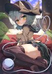  1girl absurdres black_headwear black_thighhighs blurry blurry_background bow breasts closed_mouth commentary_request dfra eyeball feet frilled_skirt frills full_body green_eyes green_hair green_skirt hat hat_bow heart heart-shaped_pupils heart_of_string highres indoors komeiji_koishi long_sleeves looking_at_viewer medium_breasts medium_hair miniskirt no_shoes shirt sitting skirt smile solo symbol-shaped_pupils thighhighs thighs third_eye toes touhou yellow_bow yellow_shirt 