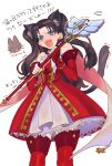  1girl :3 absurdres animal_ears bare_shoulders black_hair blue_eyes blush cat cat_ears cat_girl cat_tail dress earrings embarrassed fate/hollow_ataraxia fate/stay_night fate_(series) hal_(haaaalhal) highres holding holding_wand jewelry kaleido_ruby kaleidostick long_hair magical_girl magical_ruby open_mouth red_dress red_thighhighs solo tail thighhighs tohsaka_rin two_side_up wand 