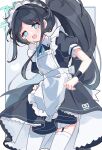  1girl :d alternate_costume apron aris_(blue_archive) aris_(maid)_(blue_archive) black_hair blue_archive blue_eyes blue_ribbon blush enmaided floating_hair garter_straps heart highres inset_border looking_at_viewer maid maid_apron neck_ribbon open_mouth ponytail rco_as ribbon short_sleeves single_sidelock skirt_hold smile solo square_halo thighhighs white_thighhighs 