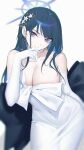  1girl black_hair blue_archive blue_eyes blue_hair blue_halo breasts choker cleavage closed_mouth collarbone colored_inner_hair covered_navel dress elbow_gloves gloves halo highres large_breasts long_hair looking_at_viewer multicolored_hair official_alternate_costume saori_(dress)_(blue_archive) simple_background siun solo strapless strapless_dress white_background white_choker white_dress white_gloves 