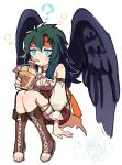 1girl bare_shoulders black_hair black_wings boots cross-laced_footwear cup drinking_straw feathered_wings fire_emblem fire_emblem:_radiant_dawn fire_emblem_heroes headband highres holding holding_cup kurimori lace-up_boots o-ring o-ring_top pirate solo toeless_footwear vika_(fire_emblem) vika_(pirate)_(fire_emblem) wings 
