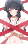  1girl absurdres black_hair blush breasts cleavage collarbone completely_nude covering_breasts covering_privates highres idolmaster idolmaster_shiny_colors looking_at_viewer mayuzumi_fuyuko medium_breasts navel nude pdal_(pdalhhh) red_ribbon ribbon solo stomach sweatdrop upper_body yellow_eyes 