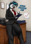 anthro big_breasts big_bulge breasts bulge detailed_bulge equid equine gynomorph hasbro hi_res huge_bulge intersex looking_at_viewer mammal my_little_pony office office_lady office_suit open_mouth shamziwhite standing talking_with_viewer text zebra