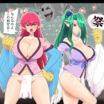  2girls animal_hands blue_feathers blue_wings blush breasts claws cleavage commentary_request duel_monster fang feathered_wings feathers festival fundoshi green_eyes green_hair hair_over_one_eye happi harpie_lady harpie_queen highres huge_breasts japanese_clothes long_hair multiple_girls murayama_rio navel open_mouth pointy_ears ponytail purple_eyes red_hair translation_request white_feathers white_wings winged_arms wings yu-gi-oh! 
