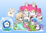  4girls absurdres bedrock_(mario_+_rabbids) blue_dress blue_hair blue_lips charisuke crossover daphne_(mario_+_rabbids) dress fangs ghost ghost_tail hair_over_eyes highres mario_(series) mario_+_rabbids_sparks_of_hope midnite_(mario_+_rabbids) multicolored_hair multiple_girls plant rabbid rabbid_luma raving_rabbids rosalina super_mario_bros._wonder super_mario_galaxy two-tone_hair vines wand wonder_flower 