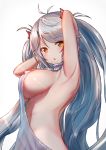  1girl antenna_hair arm_behind_head arm_up armpits azur_lane backless_dress backless_outfit bangs bare_back bare_shoulders blush breasts brown_eyes commentary_request dress eyebrows_visible_through_hair grey_background hair_between_eyes halterneck highres large_breasts long_hair looking_at_viewer meme_attire multicolored_hair naked_sweater prinz_eugen_(azur_lane) red_hair ribbed_sweater ribbon sideboob silver_hair simple_background solo streaked_hair sweater sweater_dress turtleneck turtleneck_sweater two_side_up very_long_hair virgin_killer_sweater west_(vaem5527) 