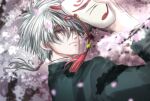  1boy absurdres cherry_blossoms closed_mouth commentary_request falling_petals fox_mask fugusashi_(fgss2089) grey_hair grey_jacket hair_between_eyes highres holding holding_mask jacket long_bangs long_sleeves looking_at_viewer low_ponytail male_focus mask medium_hair niou_masaharu petals rattail short_ponytail smile solo tennis_no_ouji-sama upper_body yellow_eyes 