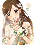  1girl bare_shoulders breasts brown_hair choker closed_mouth collarbone dot_nose dress etou_misaki_(idolmaster) floral_print_dress flower green_eyes green_ribbon hair_flower hair_ornament hands_up highres idolmaster idolmaster_cinderella_girls idolmaster_cinderella_girls_starlight_stage long_hair looking_at_viewer medium_breasts mmmakaron888 neck_ribbon off-shoulder_dress off_shoulder ribbon short_sleeves signature simple_background smile solo transparent_curtains white_background white_choker white_flower wrist_guards yellow_flower 