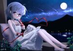  1girl absurdres ahoge arm_ribbon bare_shoulders blush book closed_mouth commission dress fei_(bell_fei) full_moon glasses hair_ornament highres holding holding_book kagari_(rewrite) long_ribbon looking_at_viewer meteor moon night night_sky pillow purple_eyes reading red_ribbon rewrite ribbon short_hair sitting sky smile white_dress white_hair 