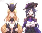  2girls ^_^ absurdres asharaart black_bow black_corset black_dress black_hair black_headwear blonde_hair blush bow breasts cape clorinde_(genshin_impact) closed_eyes corset dress english_commentary epaulettes genshin_impact hair_between_eyes hat hat_bow hat_feather headwear_switch highres long_hair looking_to_the_side medium_breasts multiple_girls navia_(genshin_impact) orange_bow purple_bow purple_cape purple_eyes smile straight-on tricorne twitter_username very_long_hair white_background 