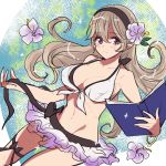  1girl bikini book breasts closed_mouth female_my_unit_(fire_emblem_if) fire_emblem fire_emblem_heroes fire_emblem_if flower hair_flower hair_ornament hairband highres holding holding_book large_breasts long_hair my_unit_(fire_emblem_if) open_book pointy_ears red_eyes smile solo sou_mei swimsuit thigh_strap white_hair 