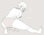  1girl ? absurdres all_fours ass barefoot feet from_behind full_body glasses grey_background greyscale gym_shirt highres koeru_otoge-san lineart looking_back monochrome neyuki_rei otouge_azuki panties profile shirt short_hair soles stretching thick_eyebrows thick_thighs thighs underwear 