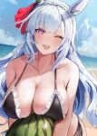  1girl absurdres animal_ears beach bikini black_bikini blue_hair braid breasts collarbone commentary_request crown_braid frilled_bikini frills highres holding_watermelon horse_ears horse_girl horse_tail inaba_(usanopo) large_breasts long_hair mejiro_ardan_(umamusume) one_eye_closed open_mouth outdoors purple_eyes side-tie_bikini_bottom solo swimsuit tail umamusume 