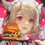 1girl :d animal_ears artist_name black_ribbon blonde_hair burger cat_ears cat_girl copyright_name earrings english_text facial_mark fangs final_fantasy final_fantasy_xiv food guan_tang_baozi highres holding holding_tray jewelry light_blush looking_at_viewer maid maid_headdress miqo&#039;te mole mole_under_eye neck_ribbon paper portrait purple_eyes ribbon short_hair smile solo tray warrior_of_light_(ff14) whisker_markings 