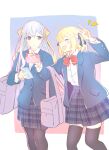  2girls ahoge anisphia_wynn_palettia bag blazer blonde_hair blue_hair bow bowtie cellphone closed_eyes contemporary euphyllia_magenta hair_bow highres holding holding_phone jacket long_hair looking_at_another medium_hair multiple_girls open_mouth phone purple_eyes qqwan120 school_bag school_uniform simple_background skirt smartphone smile tensei_oujo_to_tensai_reijou_no_mahou_kakumei thighhighs v yuri 