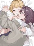  2girls bed_sheet blonde_hair blush brown_hair cardigan closed_eyes commentary_request fur_shirt grey_cardigan hand_on_hand highres hug ichinose_shiki idolmaster idolmaster_cinderella_girls lllllaaaaauuu lying lying_on_person miyamoto_frederica multiple_girls on_back smile yuri 