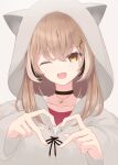  1girl :d absurdres animal_hood black_choker brown_hoodie choker crossed_bangs double-parted_bangs fingernails hair_between_eyes hair_ornament hairclip heart heart_hands highres hololive hololive_english hood hood_up hoodie jewelry long_hair looking_at_viewer multicolored_hair nanashi_mumei nanashi_mumei_(casual) necklace one_eye_closed red_shirt shirt smile streaked_hair sweater very_long_hair viractal virtual_youtuber white_sweater wide_sleeves 