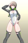  1girl alice_gear_aegis black_jacket black_thighhighs breasts brown_hair circle_cutout cleavage cleavage_cutout clothing_cutout companion/af covered_collarbone feet_out_of_frame front_zipper full-length_zipper gradient_background green_eyes hand_on_own_hip highleg highleg_leotard ishitsuma_canon jacket leotard medium_breasts onaga_akino race_queen salute short_hair sleeveless_turtleneck_leotard smile solo thighhighs turtleneck_leotard two-tone_leotard white_leotard zipper zipper_leotard zipper_pull_tab 