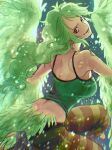  1girl absurdres bare_shoulders bird_legs bird_tail breasts commentary_request crop_top feathered_wings feathers green_feathers green_hair green_tank_top green_wings harpy highres large_breasts long_hair looking_at_viewer looking_back midriff monet_(one_piece) monster_girl one_piece smile snow solo striped_leggings tail talons tank_top urasanmyaku winged_arms wings yellow_eyes 