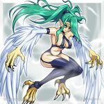  1girl artist_name bare_shoulders breasts circlet cleavage commentary_request duel_monster feathered_wings feathers green_hair grey_eyes harpie_queen harpy large_breasts long_hair monster_girl navel pointy_ears ponytail revealing_clothes rindou_akira solo talons thighhighs white_feathers white_wings winged_arms wings yu-gi-oh! 
