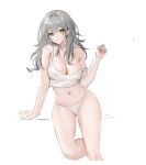  1girl blush breasts congqian_you_ke_xing grey_hair hair_between_eyes highres honkai:_star_rail honkai_(series) large_breasts long_hair navel panties shirt smile solo stelle_(honkai:_star_rail) trailblazer_(honkai:_star_rail) underwear white_panties white_shirt yellow_eyes 