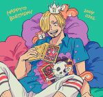  1boy 2024 blonde_hair blue_shirt book crown dated english_text facial_hair feet fork goatee green_background hair_over_one_eye happy_birthday hatch_(8cco) holding holding_book mustache one_piece open_mouth sanji_(one_piece) shirt short_hair skull_and_crossbones skull_print smile spoon squirrel 