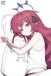  1girl bed blue_archive breasts dakimakura_(object) doodle_sensei_(blue_archive) grey_eyes halo heart highres hugging_object iroha_(blue_archive) long_hair lying midriff_peek myeolchi on_side pillow pillow_hug red_hair sensei_(blue_archive) simple_background solo tank_top wavy_hair white_background white_tank_top 