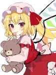  1girl absurdres blonde_hair blush bow candy crystal embodiment_of_scarlet_devil flandre_scarlet food hat hat_ribbon highres lollipop long_hair looking_at_viewer mob_cap red_eyes ribbon ruhika side_ponytail solo stuffed_animal stuffed_toy teddy_bear tongue tongue_out touhou white_background wings 