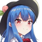  1girl ambasa black_headwear blue_hair blush bow bowtie closed_mouth commentary_request food fruit fruit_hat_ornament hat hinanawi_tenshi leaf_hat_ornament long_hair looking_at_viewer peach peach_hat_ornament red_bow red_bowtie red_eyes smile solo touhou 