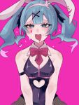  1girl :d animal_ears armlet bare_shoulders black_leotard black_pantyhose blue_eyes blue_hair blush bow bowtie breasts clothing_cutout collarbone cowboy_shot detached_collar fake_animal_ears fishnet_pantyhose fishnets hair_ornament hairband hatsune_miku heart heart-shaped_pupils highleg highleg_leotard highres iminigemini leotard long_hair looking_at_viewer medium_breasts open_mouth pantyhose pink_background playboy_bunny rabbit_ears rabbit_hole_(vocaloid) red_bow red_bowtie sidelocks simple_background smile solo stomach_cutout straight-on sweat symbol-shaped_pupils teardrop_facial_mark twintails vocaloid white_hairband x_hair_ornament 