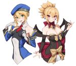  2girls black_dress blazblue blonde_hair blush breasts cleavage closed_mouth dangle_earrings disgaea dress earrings gloves green_eyes highres jewelry large_breasts looking_at_viewer michitaro_smile multiple_girls necktie noel_vermillion parted_lips pointy_ears red_eyes red_necktie rozalin short_hair simple_background small_breasts smile sweatdrop white_background white_gloves 