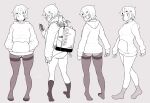  1girl absurdres ass backpack bag from_behind full_body glasses grey_background greyscale hair_ornament hands_in_pockets highres holding holding_phone hood hoodie koeru_otoge-san lineart long_sleeves looking_back monochrome neyuki_rei otouge_azuki panties pantyhose parted_lips phone scarf short_hair skirt_caught_on_object socks standing thick_eyebrows thighs underwear 