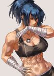  1girl abs absurdres blue_hair breasts earrings highres jewelry leona_heidern looking_at_viewer muscular muscular_female ponytail slit_pupils sports_bra syachiiro the_king_of_fighters wiping_face yellow_eyes 