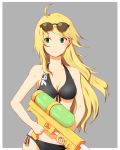  1girl 39degrees ahoge bare_arms bare_shoulders bikini black_bikini black_bikini_bottom black_bikini_top blonde_hair blush breasts cleavage collarbone commentary_request earrings eyewear_on_head green_eyes grey_background highres holding_water_gun hoshii_miki idolmaster idolmaster_cinderella_girls jewelry long_hair medium_breasts simple_background smile solo star sunglasses super_soaker swimsuit water_gun 