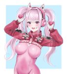  1girl :d absurdres alice_(nikke) animal_ear_headphones animal_ears arms_up blue_background blush bodysuit border breasts breasts_apart clothes_writing codename696 commentary cropped_jacket fake_animal_ears gloves goddess_of_victory:_nikke hair_intakes headphones highres impossible_bodysuit impossible_clothes jacket long_hair long_sleeves looking_at_viewer open_mouth outside_border pink_bodysuit pink_eyes pink_gloves pink_hair rabbit_pose red_jacket sidelocks simple_background skin_tight smile solo swept_bangs teeth twintails two-tone_gloves upper_body upper_teeth_only white_border white_gloves 