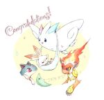  :d animal_focus black_eyes blue_eyes border bright_pupils circular_border closed_eyes closed_mouth cocoon congratulations fiery_hair fire fireblast infernape metapod monkey no_humans open_mouth pokemon pokemon_(creature) quilava red_eyes scorbunny simple_background smile togekiss white_border white_fur white_pupils wings yellow_background 