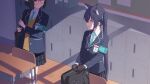  2girls animal_ear_fluff animal_ears armband ayane_(blue_archive) bag black_hair black_jacket blue_archive blue_armband blue_necktie blue_ribbon cardigan cat_ears classroom collared_shirt desk extra_ears hair_ribbon highres id_card indoors jacket long_hair looking_at_viewer mikan_battery multiple_girls necktie plaid plaid_skirt pleated_skirt pointy_ears ribbon school_bag school_desk school_uniform serika_(blue_archive) shadow shirt short_hair skirt smile twintails two-tone_gloves very_long_hair yellow_cardigan yellow_eyes 