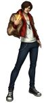  1boy black_footwear brown_hair closed_mouth commentary fire full_body jacket jewelry kusanagi_kyou leon_(s-damianvencedor) looking_at_viewer lowres male_focus pendant pyrokinesis red_jacket shirt shoes short_hair simple_background sneakers standing the_king_of_fighters white_background white_shirt 