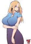  1girl absurdres artist_name bangs_pinned_back black_bra blonde_hair blue_eyes blue_shirt bra bra_peek breasts button_up_skirt collared_shirt commentary cowboy_shot curvy dress_shirt earrings english_commentary folded_hair glasses hair_pulled_back hand_on_own_elbow highres huge_breasts inne_sulistya_robin jewelry legs_together long_hair looking_at_viewer norman_maggot original pencil_skirt purple_skirt shirt short_sleeves sidelocks skirt solo standing stud_earrings taut_clothes taut_shirt teacher underwear white_background 